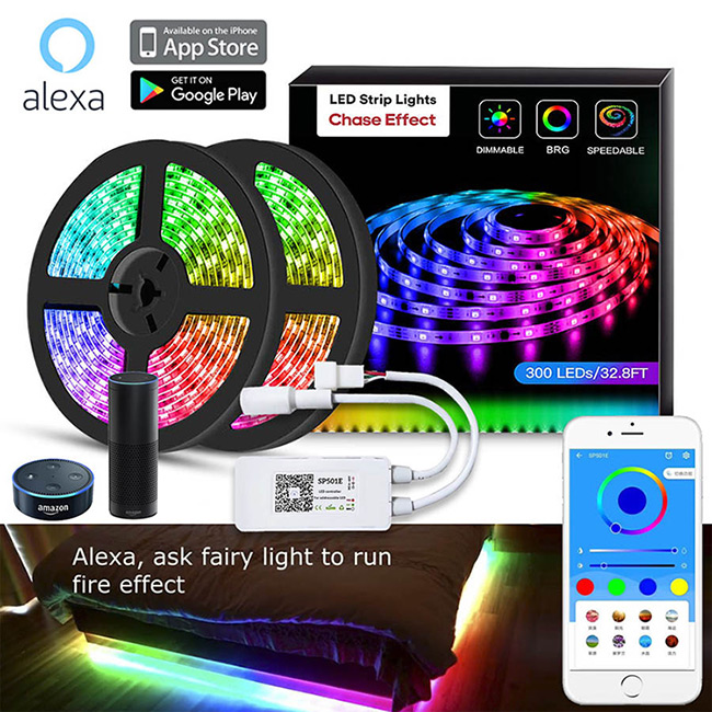 SP501E Color Chasing Alexa LED Strip Light Kit, 32.8Ft/10m Flexible Waterproof Digital Addressable RGB LED Rope Lights Working with iOS & Android FairyNest APP, Support Amazon Alexa